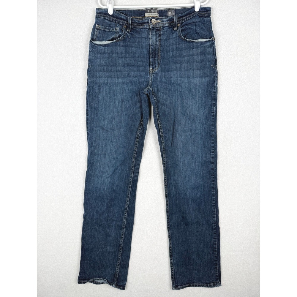Reclaim Relaxed Straight Jeans Mens 36L Medium Wash Blue Denim Buckle